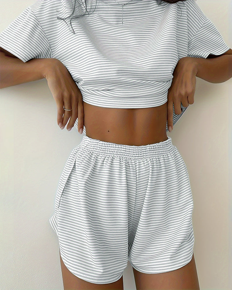 Women Striped Crop Pajama Loungewear Set