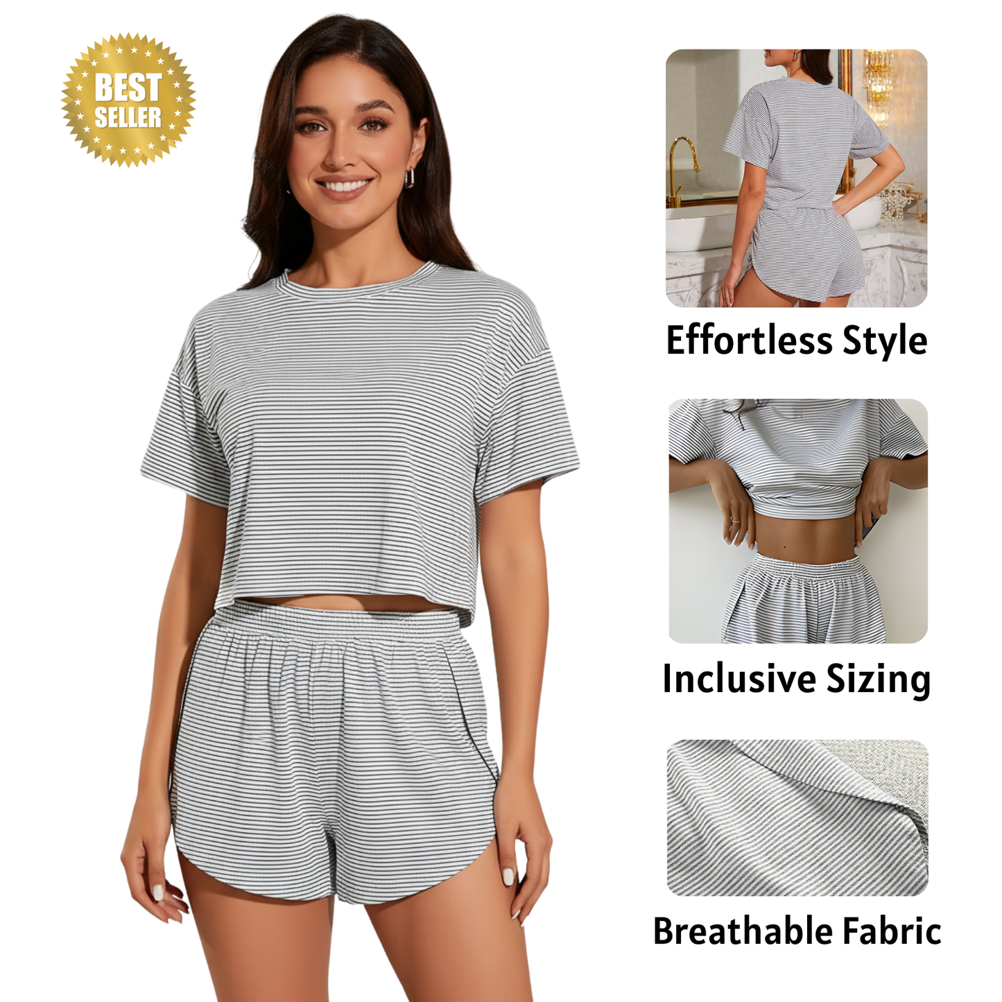 Women Striped Crop Pajama Loungewear Set