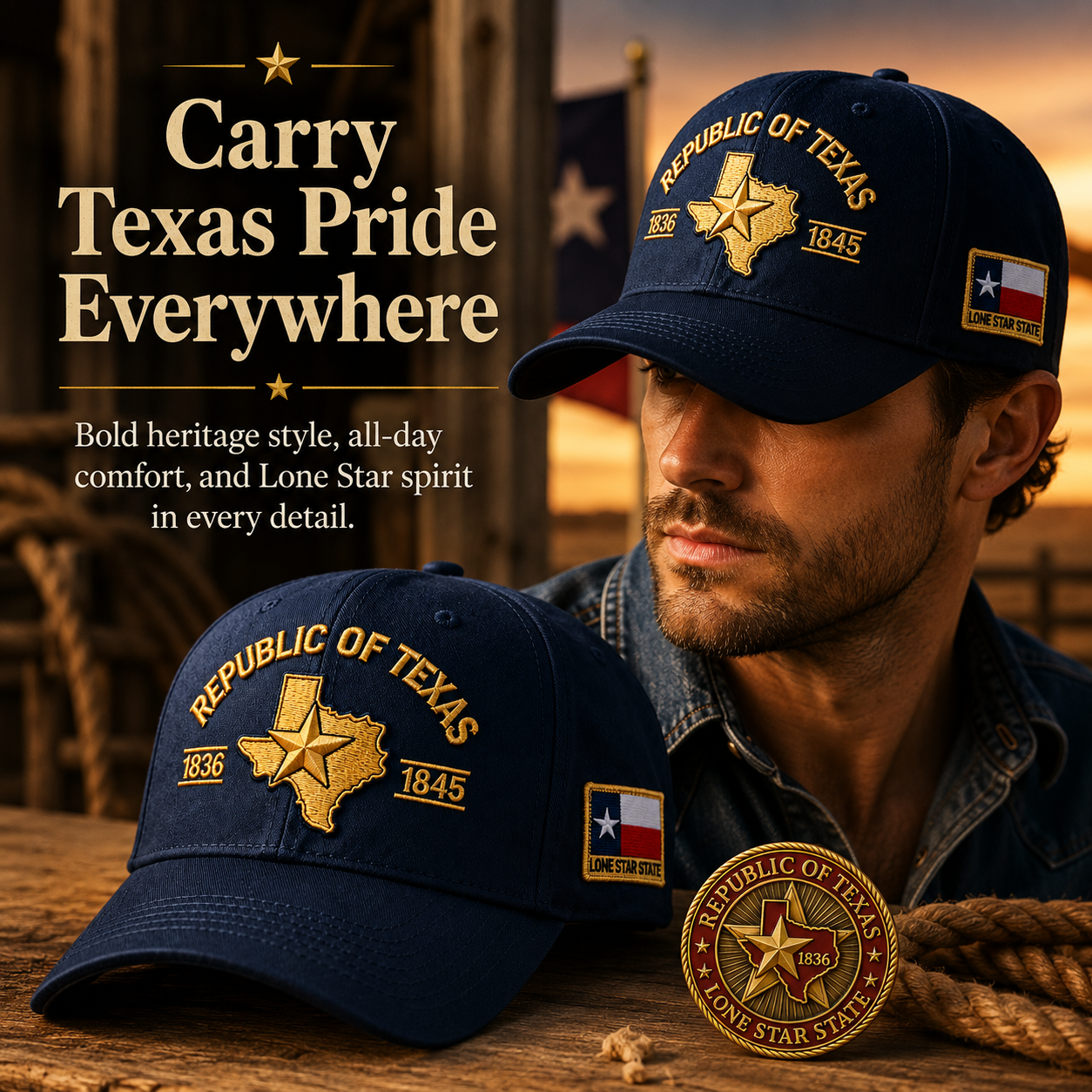 🔥Republic of Texas Embroidered Cap  🎁 Free Honor Coin With Every Cap Purchase