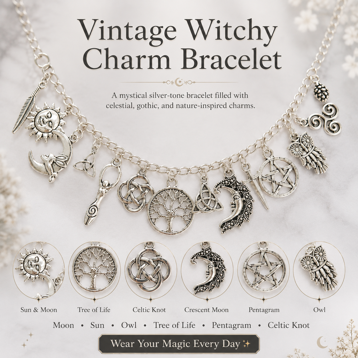 🔥 Limited Time 50% OFF ✨ Vintage Witchy Charm Bracelet – Mystical Halloween Jewelry 🌙