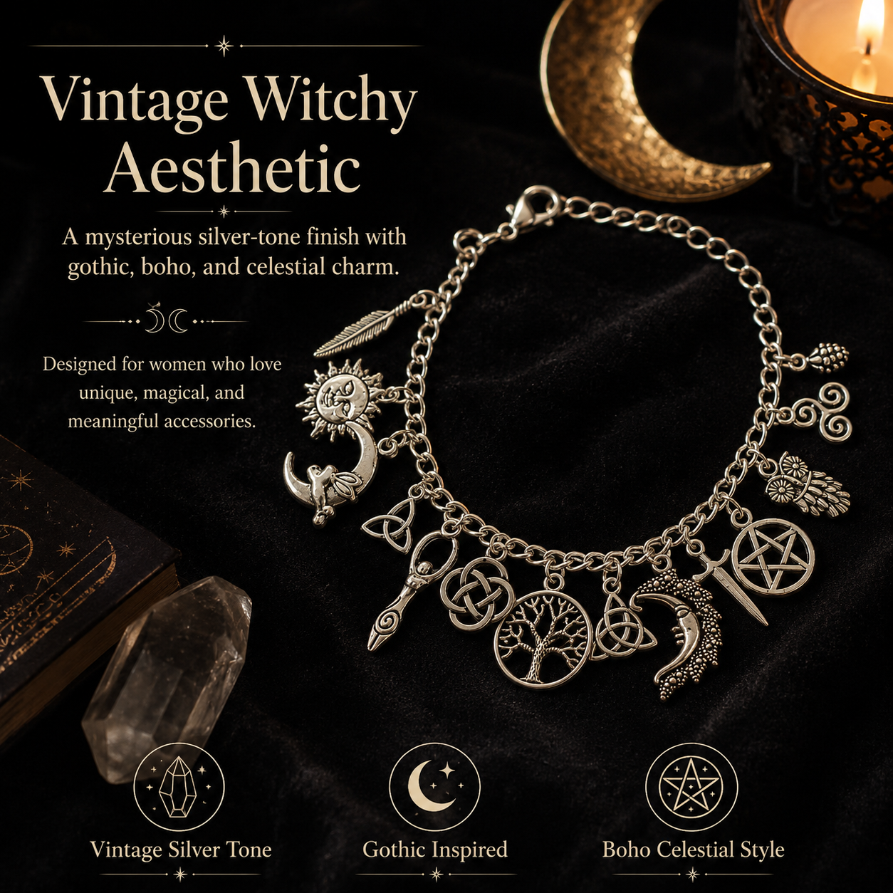 🔥 Limited Time 50% OFF ✨ Vintage Witchy Charm Bracelet – Mystical Halloween Jewelry 🌙