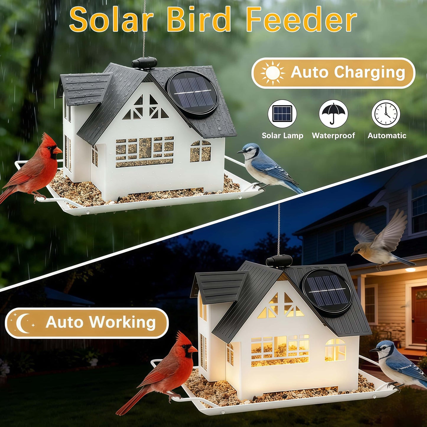 Solar‐Powered Hanging Bird Feeder with Glow – Sturdy Metal Hopper Design🌙🐦