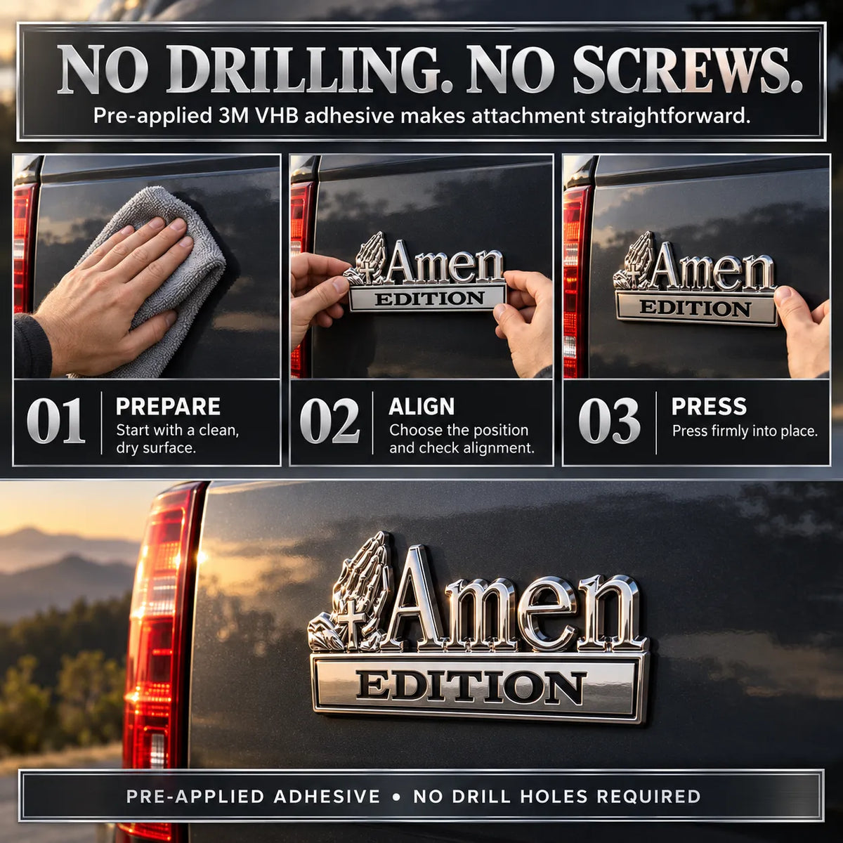✝️ Amen Edition Metal Emblem | 3D Chrome Cross & Wings Badge with 3M VHB Adhesive for Pickups, SUVs & Tailgates 🚘