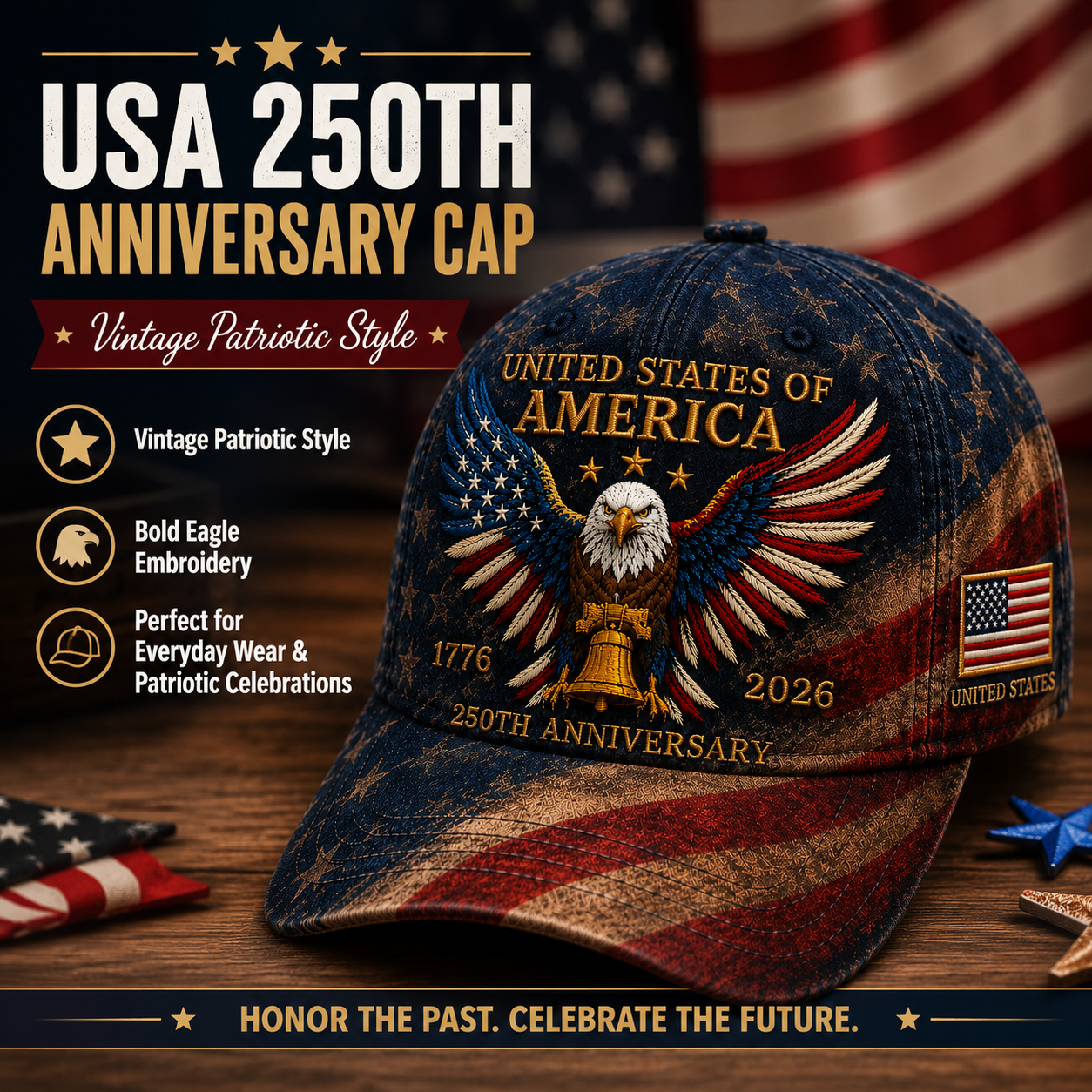🎉Patriotic 4th of July ❤️ 🇺🇸 USA 250th Anniversary Patriotic Eagle Embroidered Cap