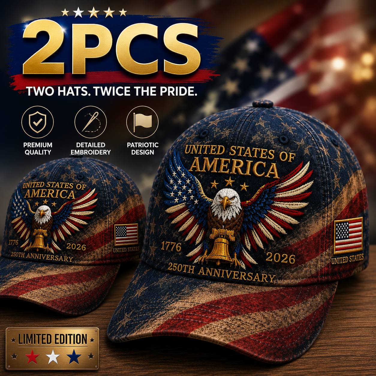 🎉Patriotic 4th of July ❤️ 🇺🇸 USA 250th Anniversary Patriotic Eagle Embroidered Cap