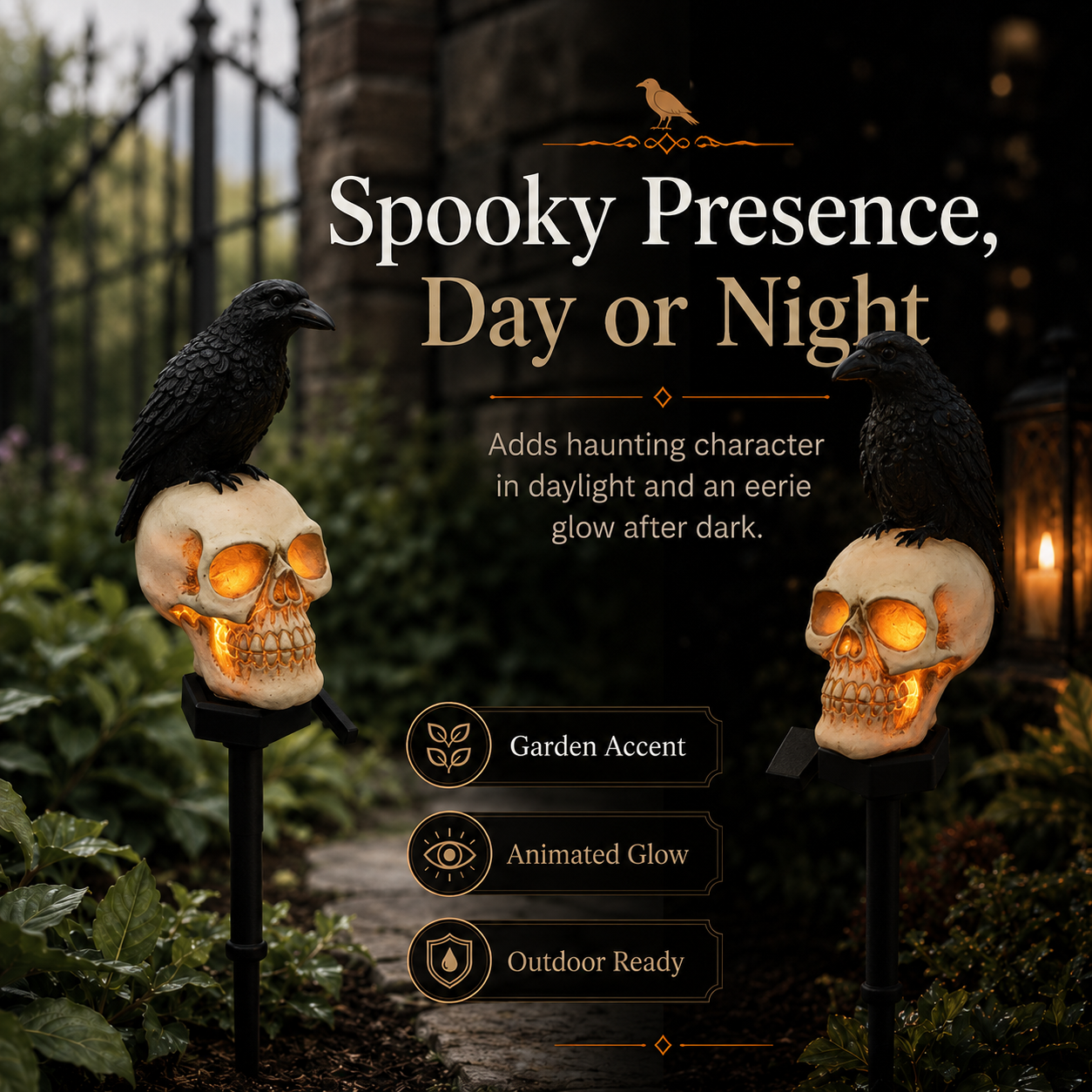 🐦‍⬛Animated Raven Skull Solar Garden Stake💀 | Halloween Outdoor Yard Decor