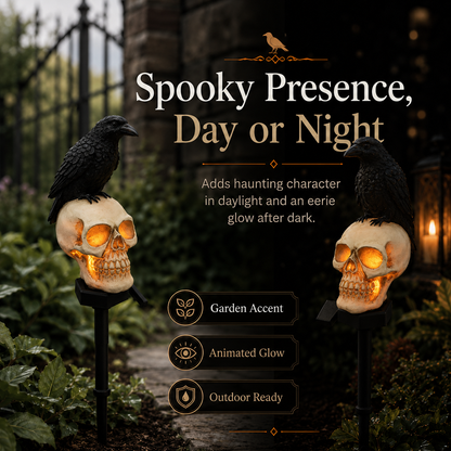 🐦‍⬛Animated Raven Skull Solar Garden Stake💀 | Halloween Outdoor Yard Decor