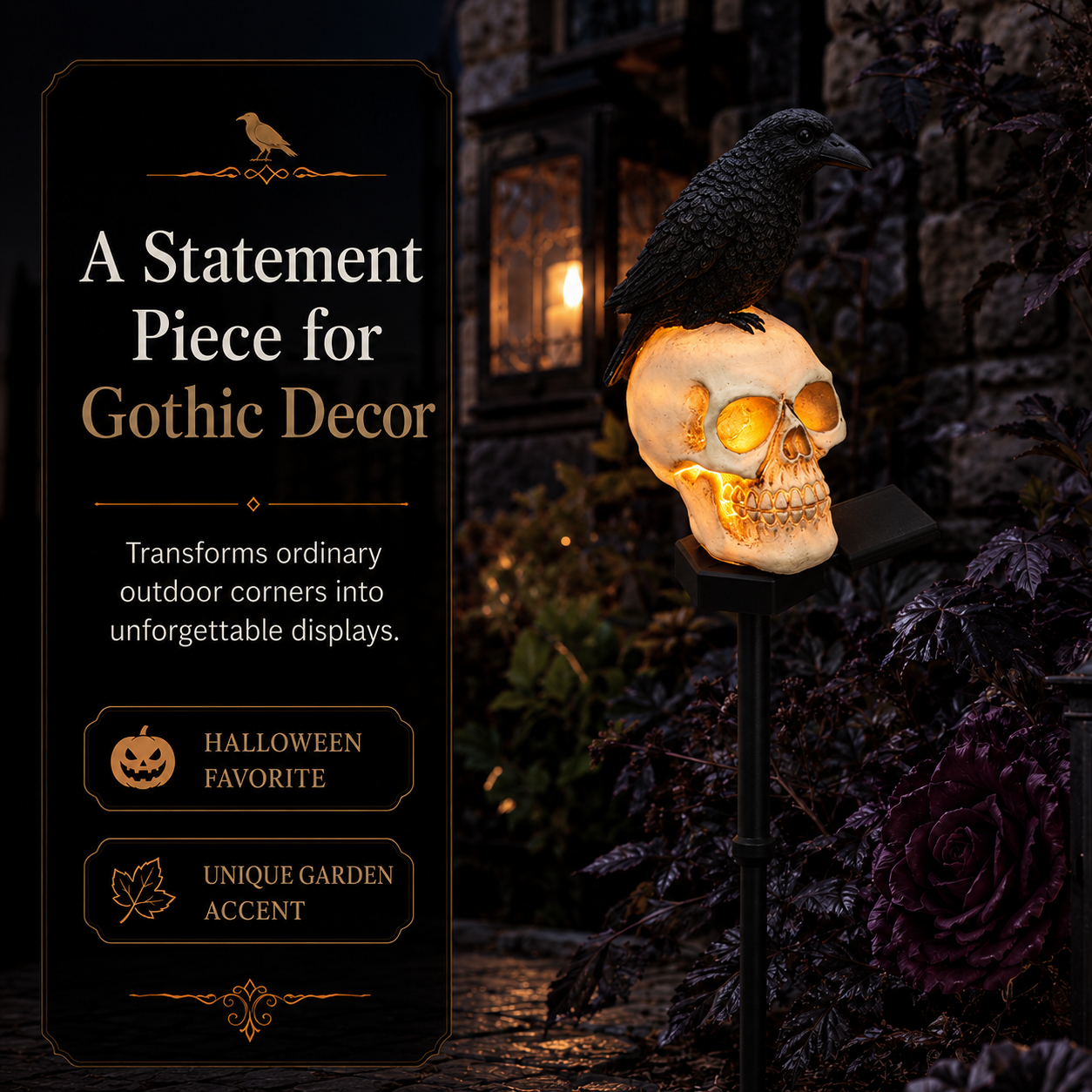 🐦‍⬛Animated Raven Skull Solar Garden Stake💀 | Halloween Outdoor Yard Decor