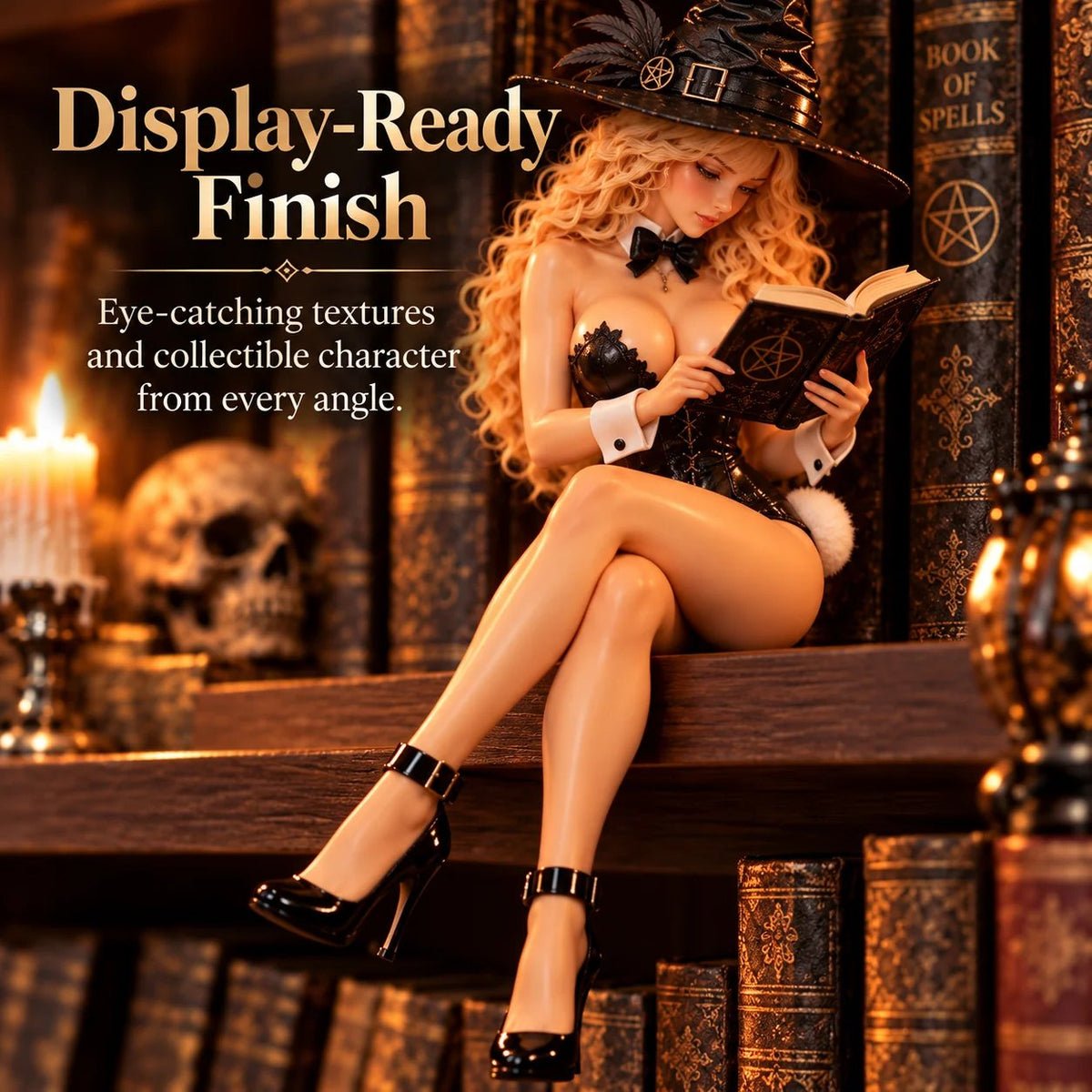 🧙 📖 Witchy Bunny Shelf Sitter Figurine – 🖤 Gothic Reading Witch Decor