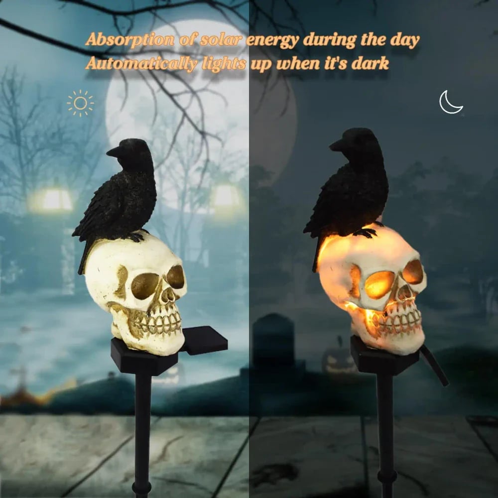 🐦‍⬛Animated Raven Skull Solar Garden Stake💀 | Halloween Outdoor Yard Decor