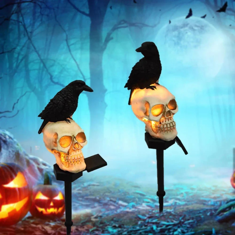 🐦‍⬛Animated Raven Skull Solar Garden Stake💀 | Halloween Outdoor Yard Decor