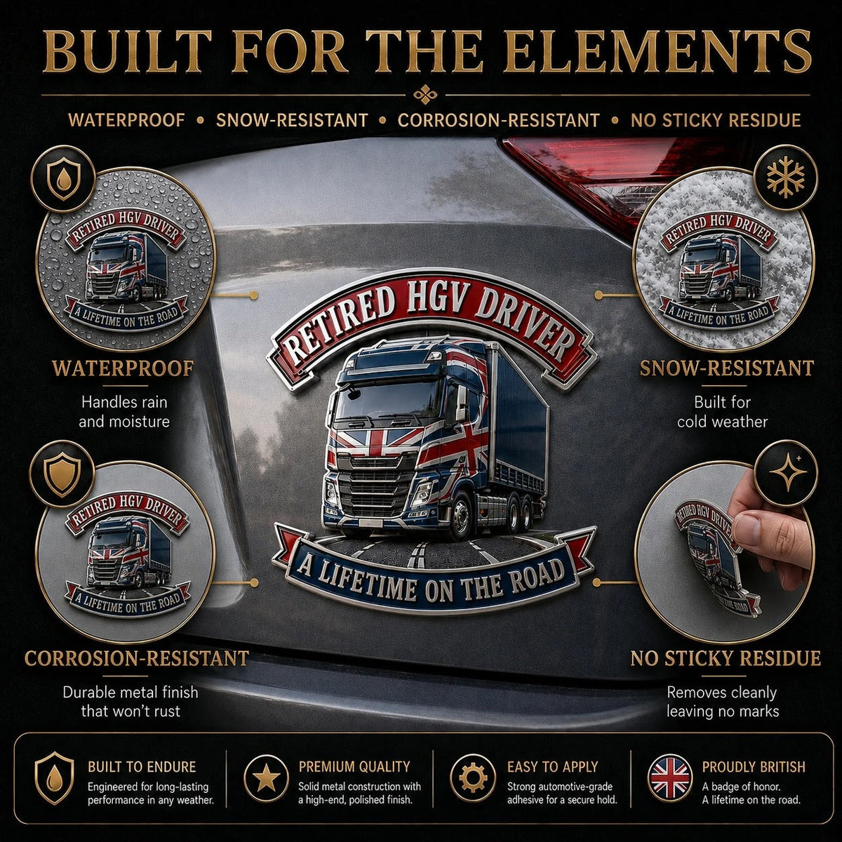 👑🚚British Retired HGV Driver “A Lifetime on the Road” Tribute Metal Car Emblem